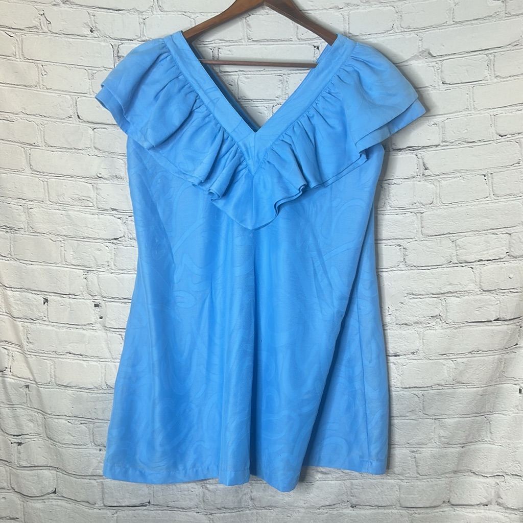 Emily Mccarthy Blue Ruffled V-Neck Dress Size X-Large Excellent Condition — image 2 of 8